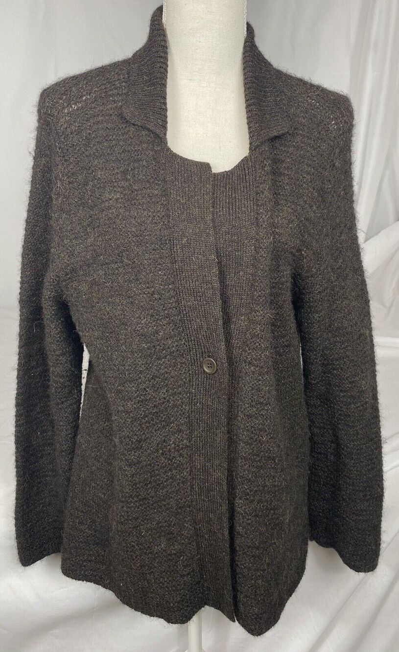 EILEEN FISHER Wool One Button Full Sleeve Knit Cardigan Sweater Brown Large